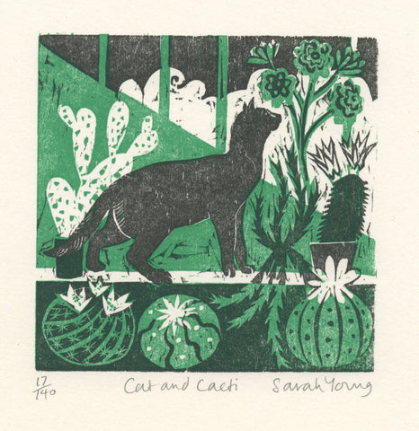 Cat and Cacti- Woodcut Print