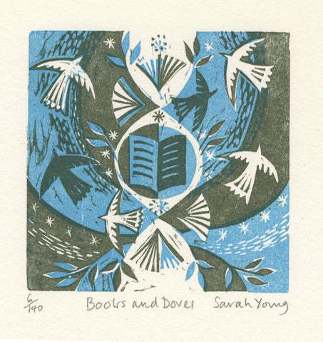 Books and Doves - Woodcut Print