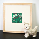 Cat and Cacti- Woodcut Print