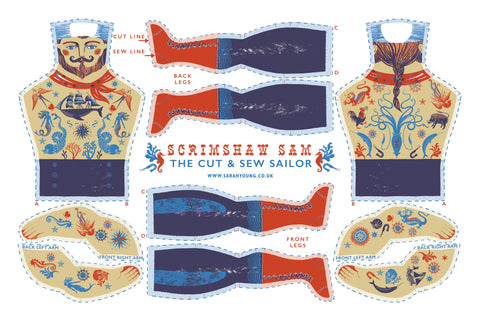 Scrimshaw Sam Tea Towel / Cut and Sew Kit - A silkscreen design by Sarah Young